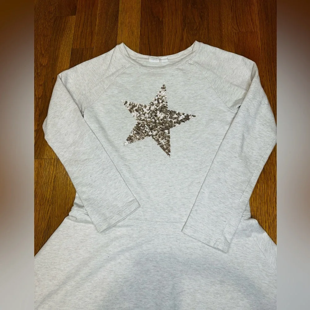 GAP Kids Tan/Cream Sequin Star Long Sleeve Fit & Flare Dress | Size M (8)